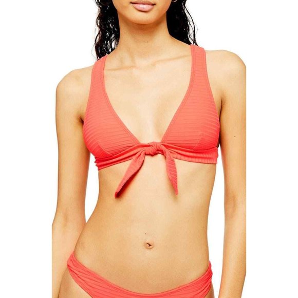 TOPSHOP Bikini Top Size 10 Womens Ribbed in Neon Pink Faux Tie Front - Picture 7 of 9